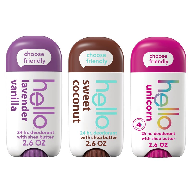 hello Deodorant Variety Pack Aluminum Free Deodorant for Women and Men with Shea Butter Lavender Vanilla Sweet Coconut Unicorn Baking Soda Free 3 x 26 oz Sticks